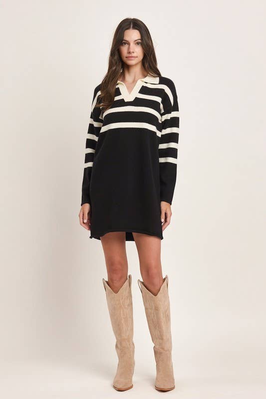 Stripe Collared Mini Sweater Dress - Black/Ivory