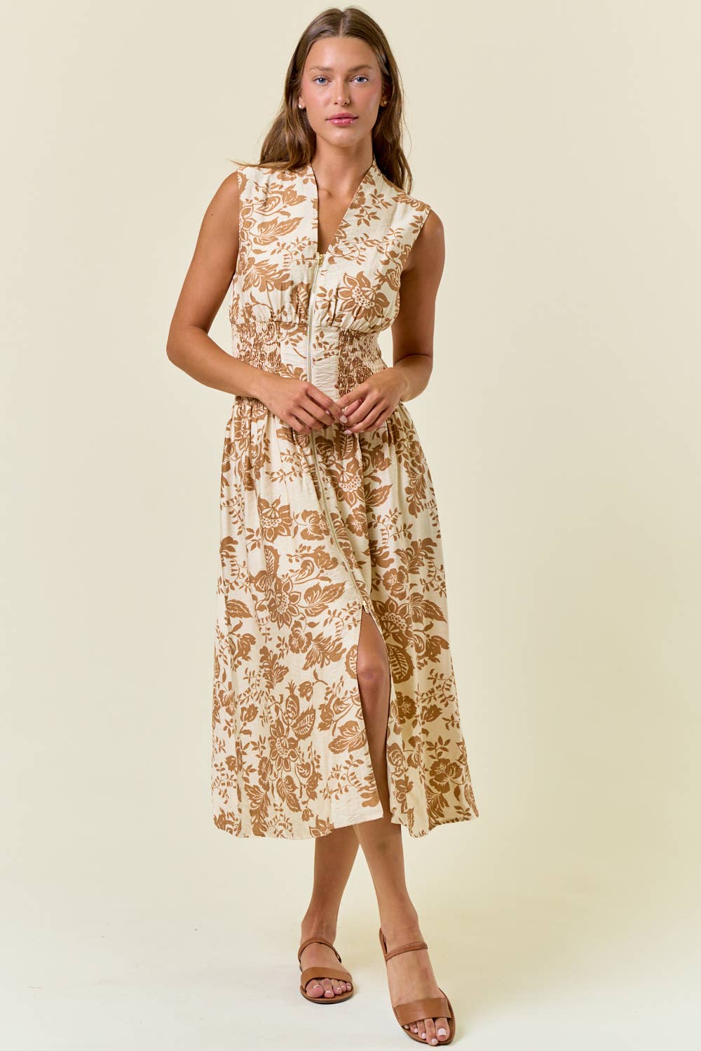 Paisley Smocked Waist Midi Dress - Ivory & Mocha