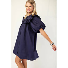 Load image into Gallery viewer, Puff Sleeve Navy Ruffle Dress
