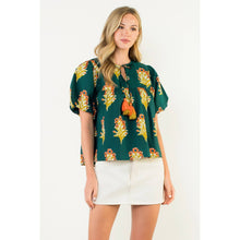 Load image into Gallery viewer, Green Puff Sleeve Floral Detailed Tie Tassel Top
