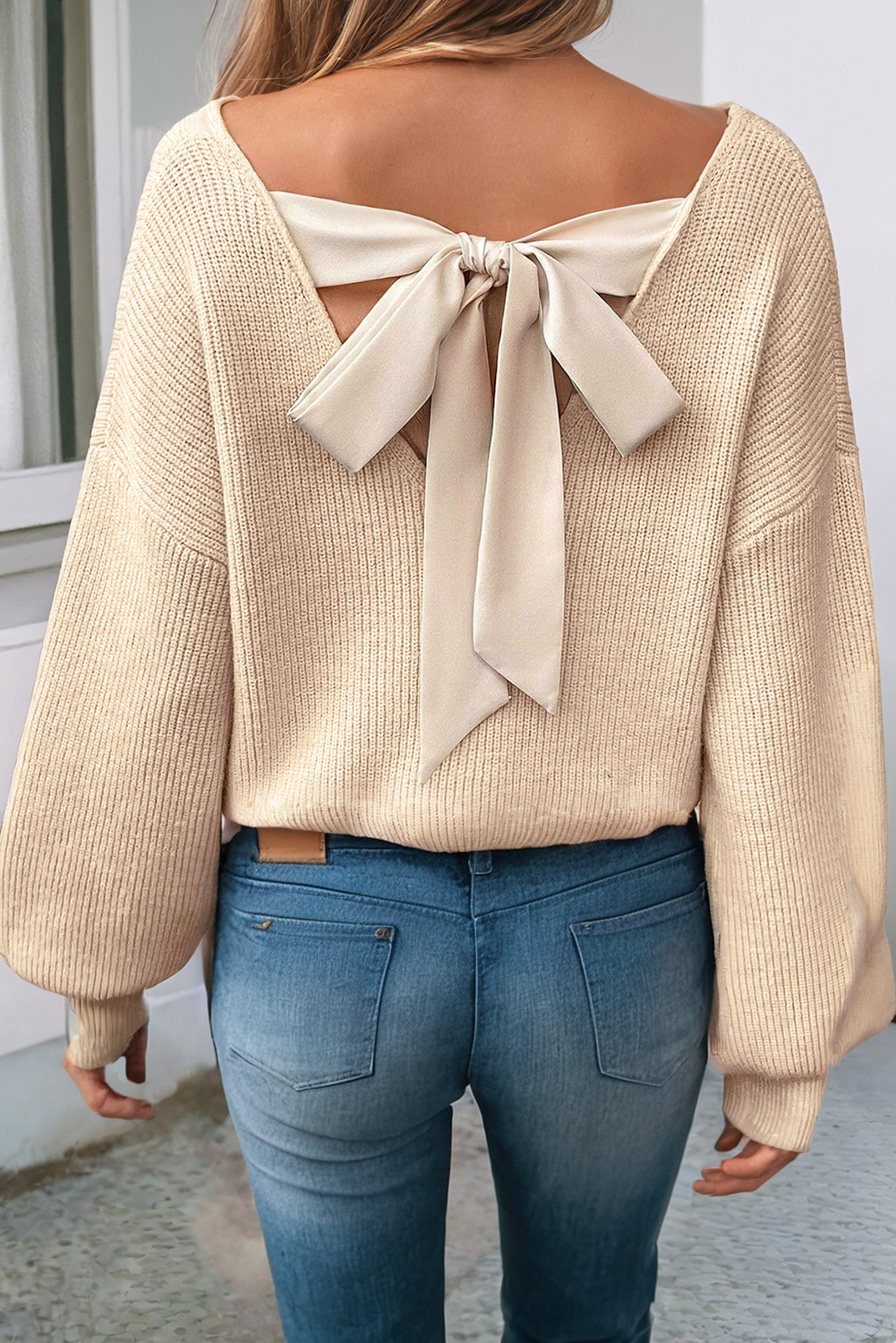 Neutral Lantern Sleeve Bow Sweater