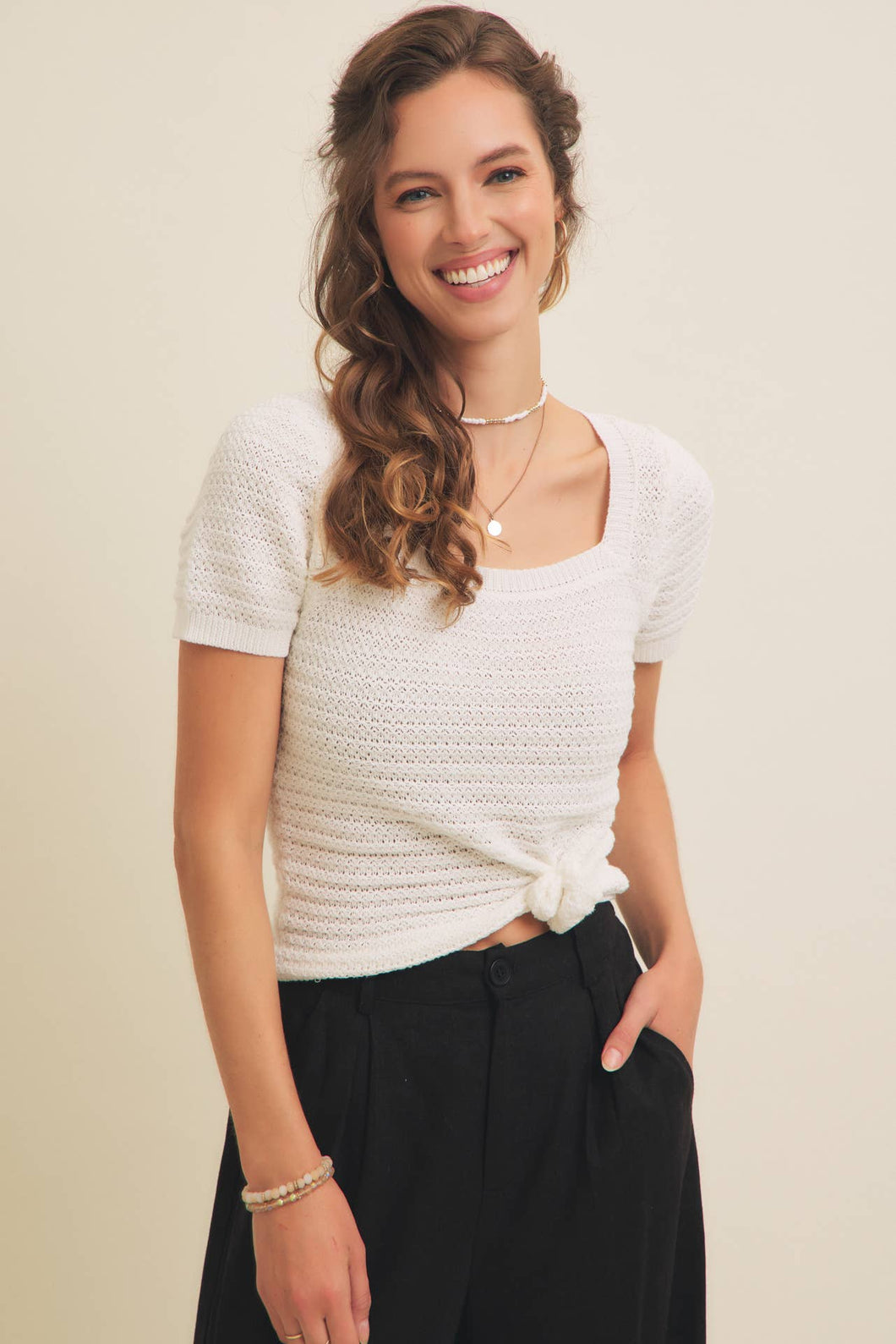 Square Neck Cotton Sweater Cream Top