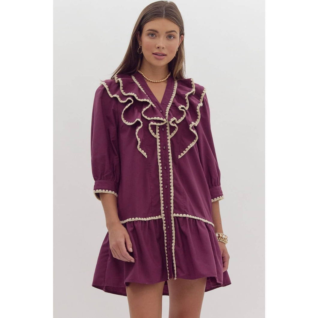 Plum Solid Ruffled Mini Dress