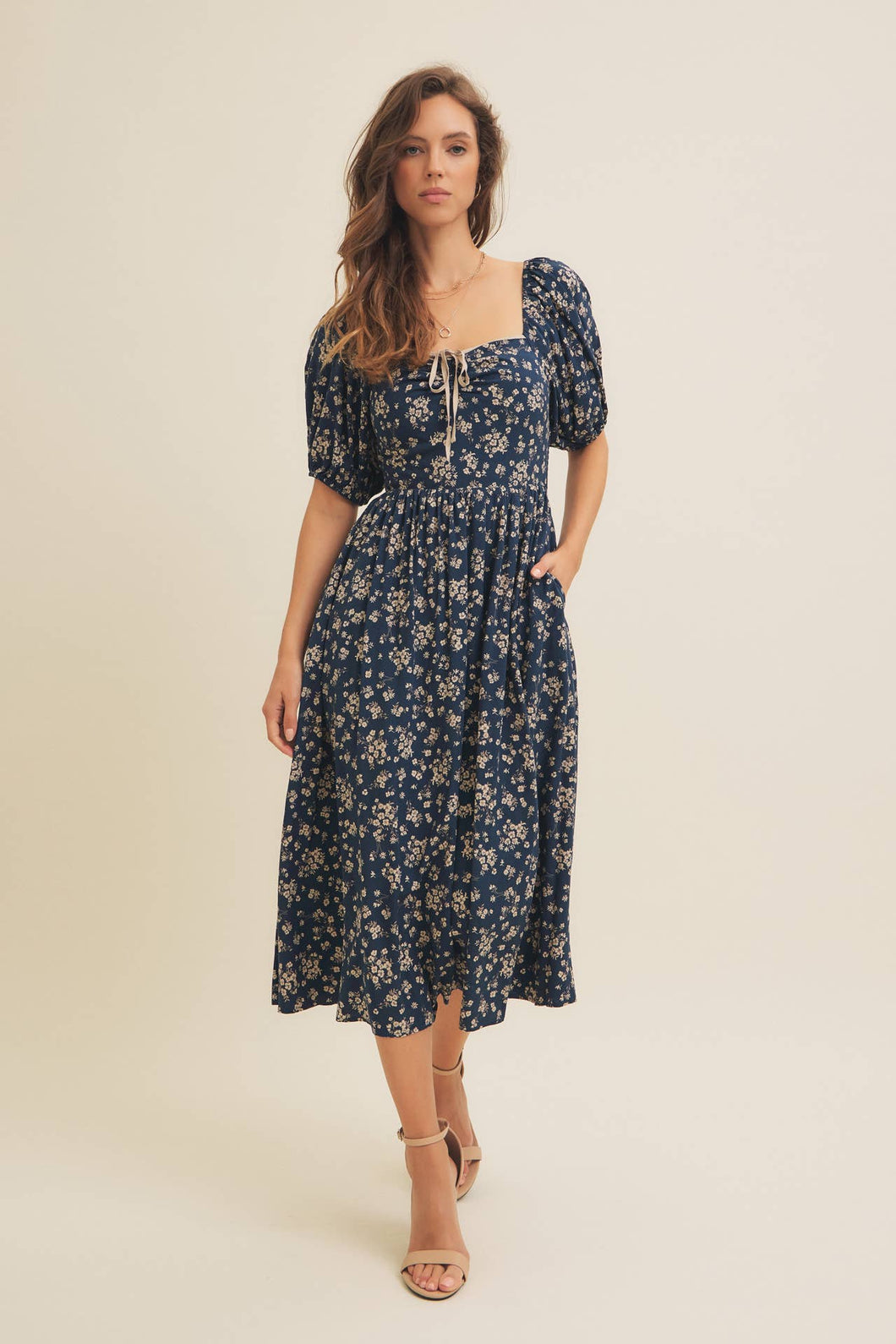 Square Neck Floral Midi Dress with Bow