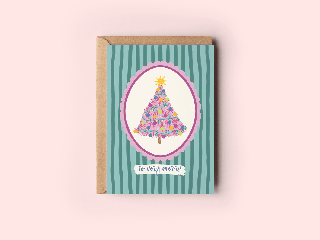 So Very Merry Pink Christmas Tree Holiday Greeting Card