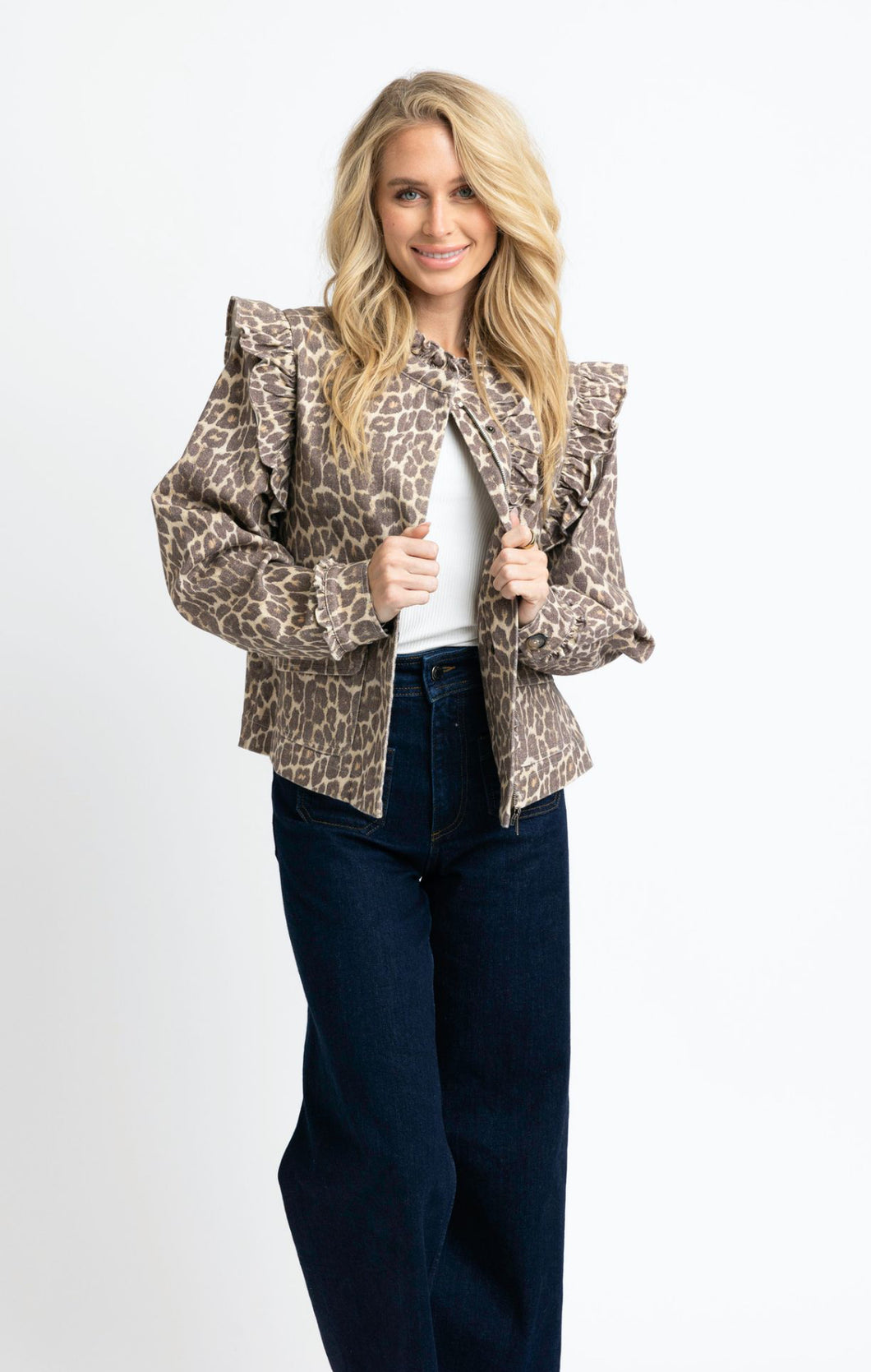 Leopard Denim Ruffle Jacket