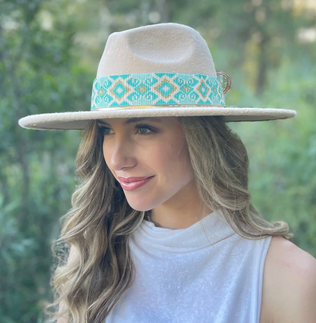 Beaded Hatband - Turquoise & Cream Diamond