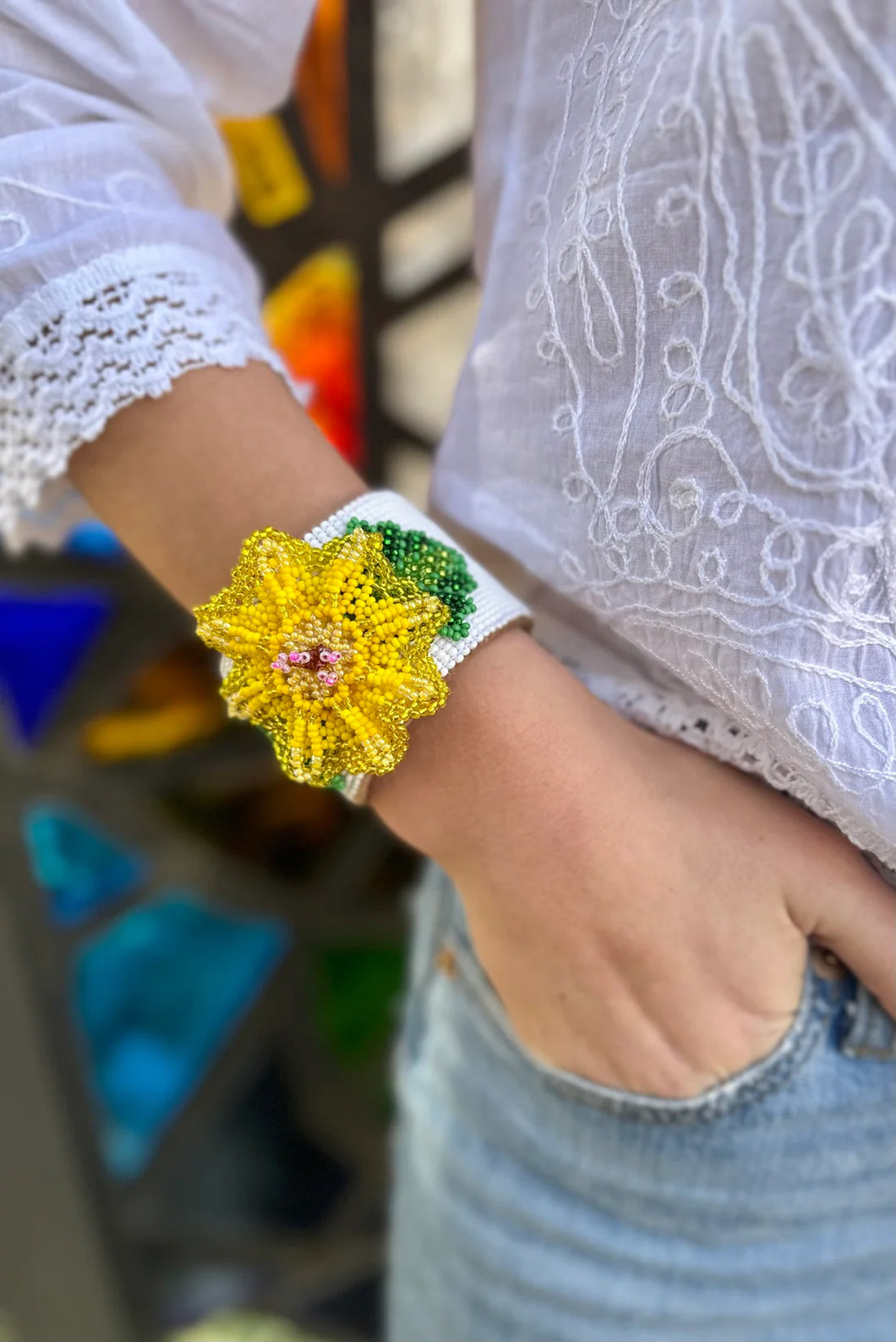 Large Beaded Cuff with Flower - Multi