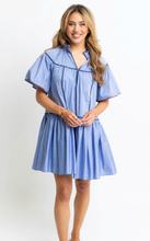 Load image into Gallery viewer, Solid Vneck Contrast Trim Tier Dress - Blue
