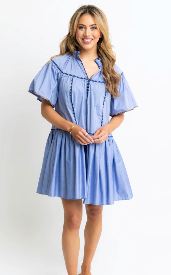 Solid Vneck Contrast Trim Tier Dress - Blue