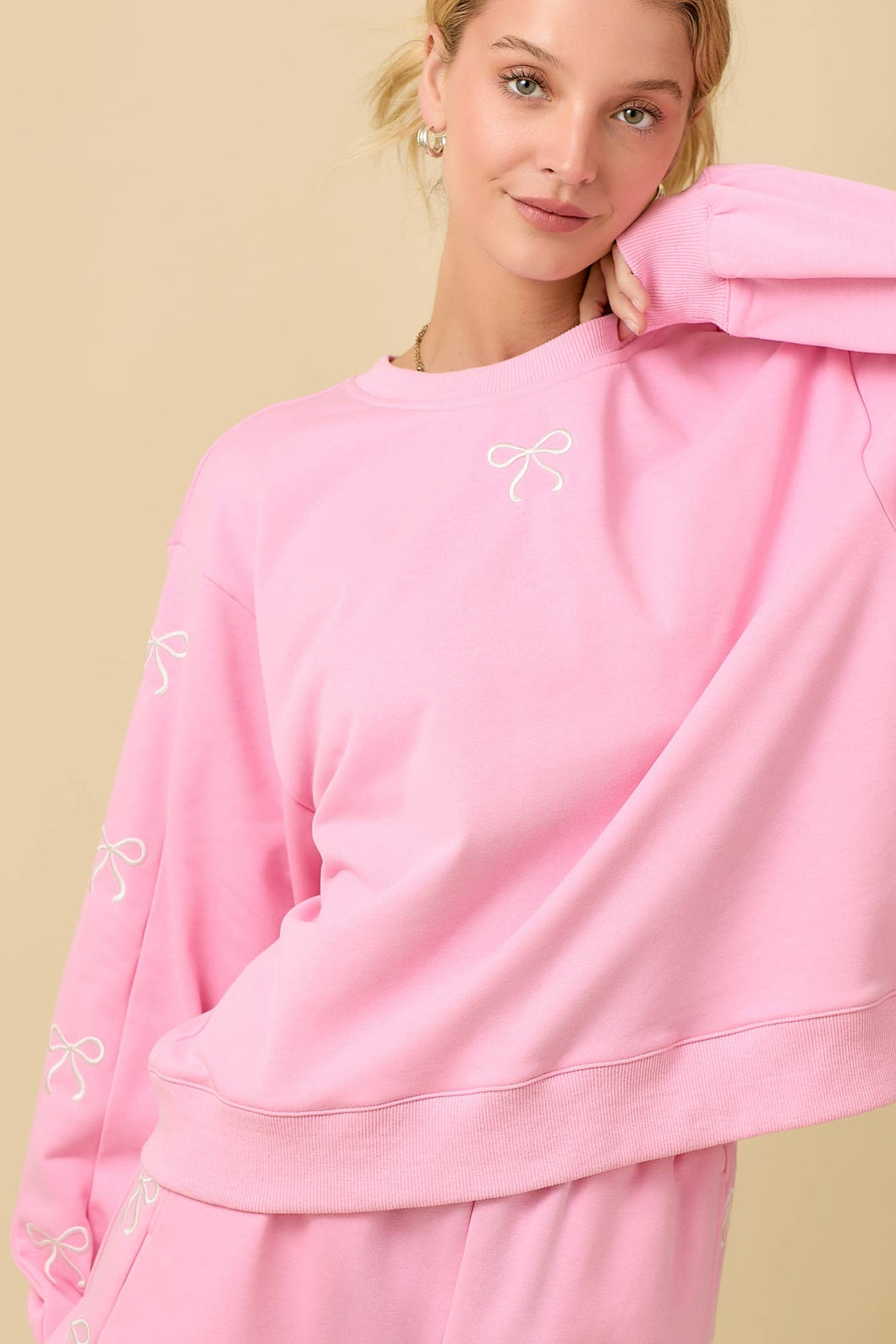 Pink Crewneck Long Sleeve Top with Bows