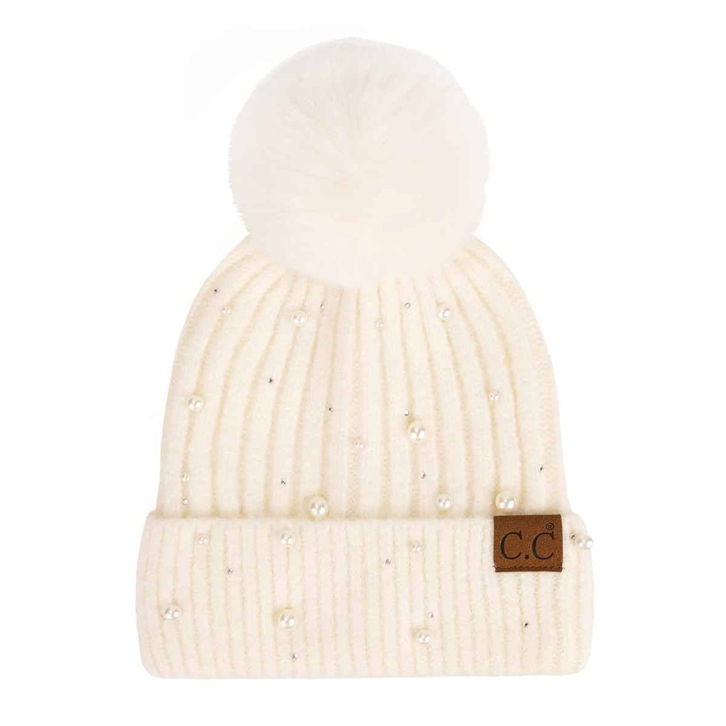 Naomi Pearl Embellished Pom Beanie