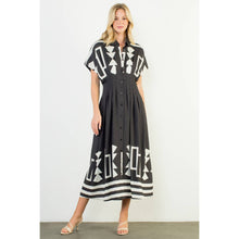 Load image into Gallery viewer, Black Button Down Geo Print Midi Dress
