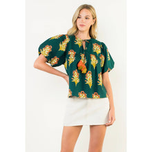 Load image into Gallery viewer, Green Puff Sleeve Floral Detailed Tie Tassel Top
