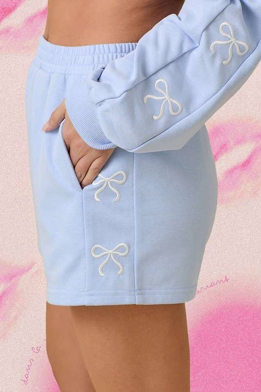 Light Blue Knit Shorts with Bows