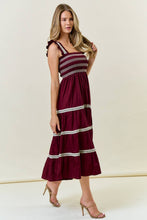 Load image into Gallery viewer, Burgundy Smocked Ruffle Maxi Dress
