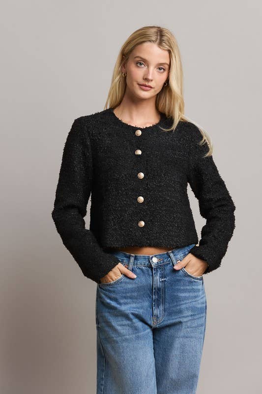 Novelty Button Tweed Jacket - Black