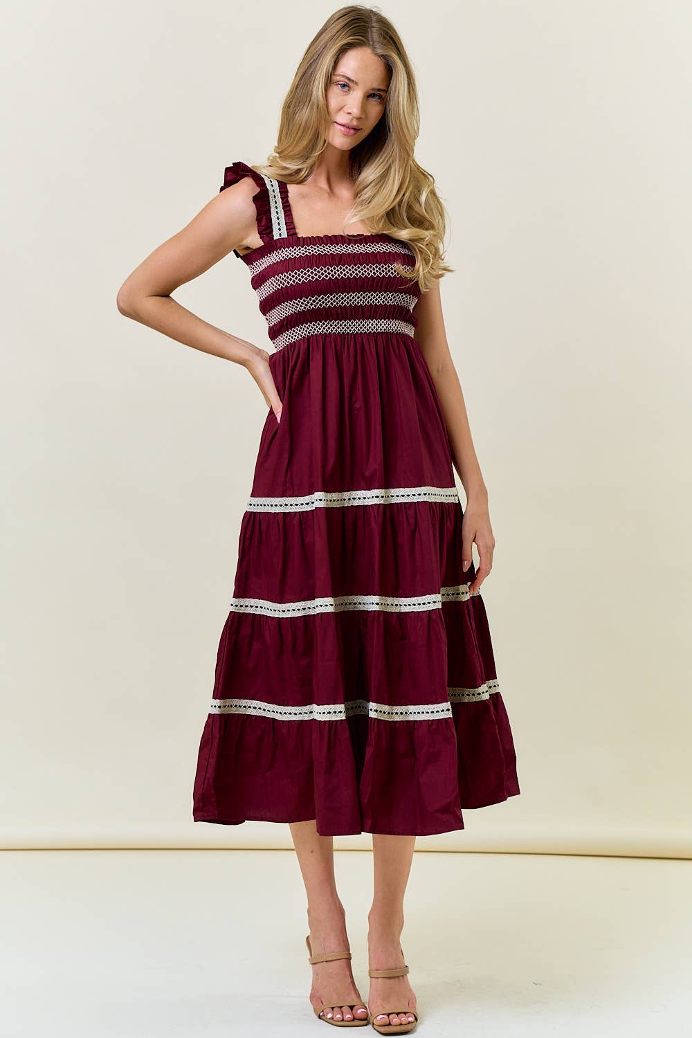 Burgundy Smocked Ruffle Maxi Dress