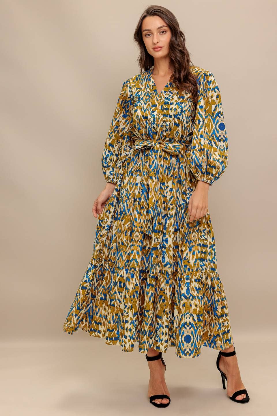Camel Brown Printed Midi Dress