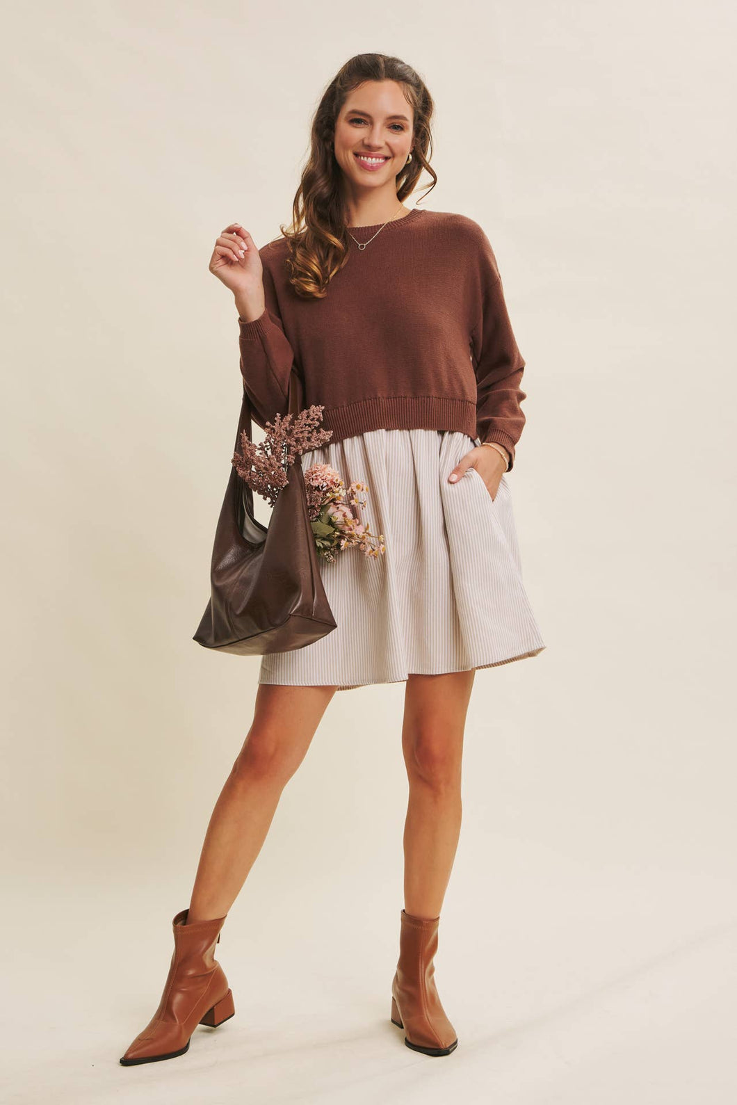 Easy Coffee Date Bow Brown Sweater Dress
