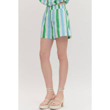 Load image into Gallery viewer, Blue &amp; Green Striped High Waist Shorts
