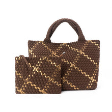 Load image into Gallery viewer, The Charli Large Woven Neoprene Tote with Wristlet: Cocoa with Gold Stripe
