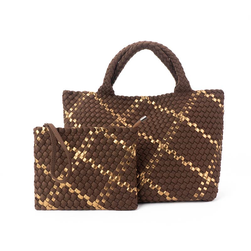 The Charli Large Woven Neoprene Tote with Wristlet: Cocoa with Gold Stripe