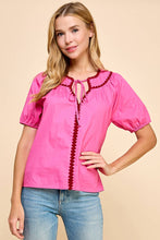 Load image into Gallery viewer, Pink Embroidery Trim Puff Sleeve
