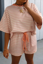 Load image into Gallery viewer, Pink Stripe Contrast Tee and Drawstring Shorts Set
