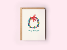 Load image into Gallery viewer, Colorful Merry &amp; Bright Bauble Wreath Holiday Greeting Card
