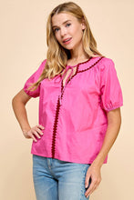 Load image into Gallery viewer, Pink Embroidery Trim Puff Sleeve
