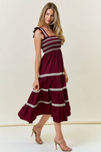 Load image into Gallery viewer, Burgundy Smocked Ruffle Maxi Dress
