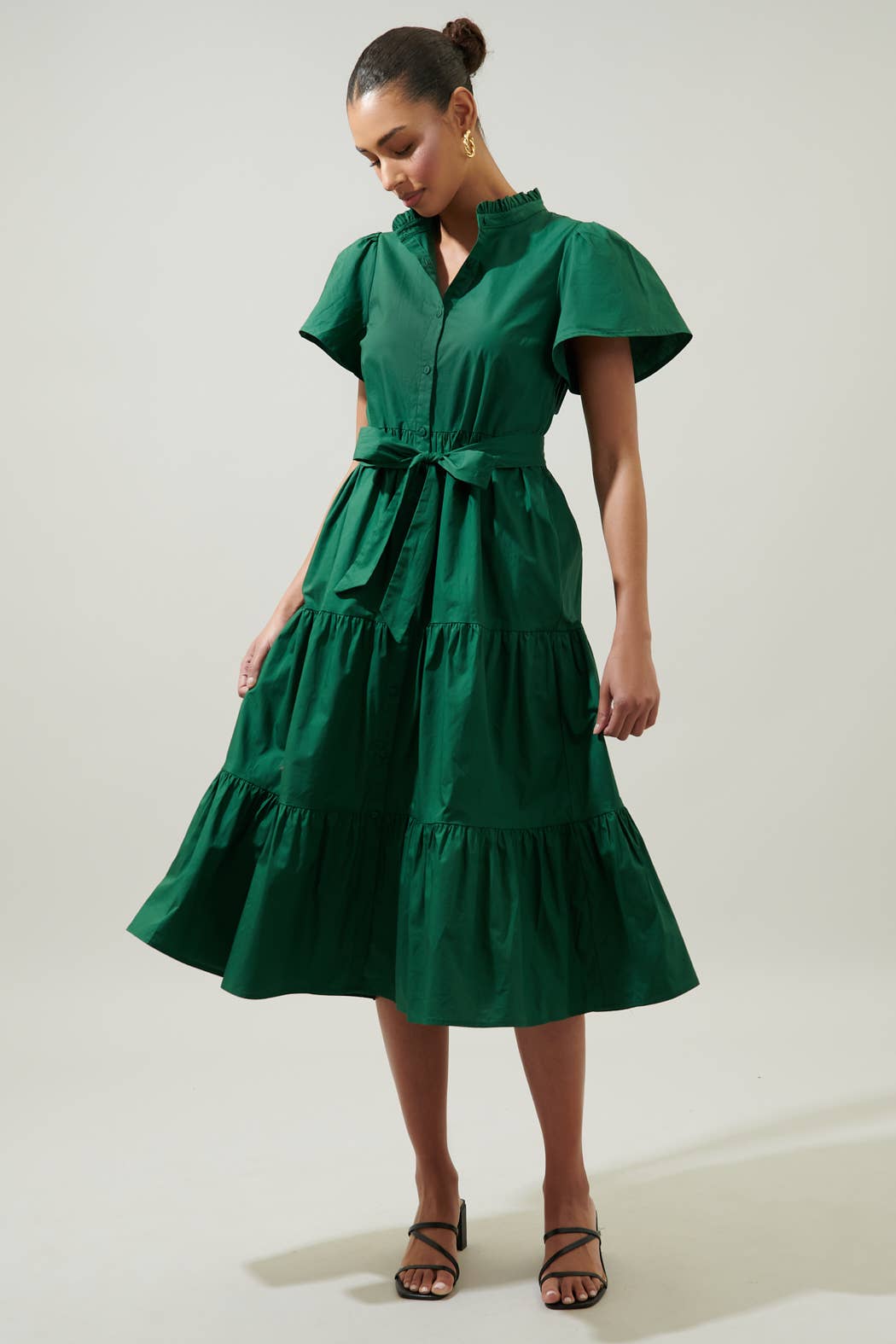 Bellucci Emerald Poplin Button Front Tiered Midi Dress
