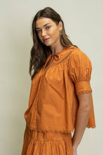 Load image into Gallery viewer, Scallop Trim Embroidered Puff Sleeve Top - Rust
