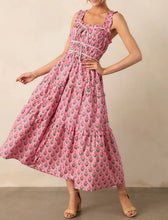 Load image into Gallery viewer, Pink Floral Print Tiered Dress with Ruched Bodice

