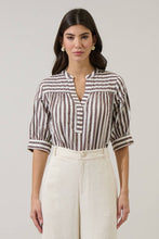 Load image into Gallery viewer, Catana Tan &amp; White Striped Split Neck Top
