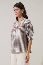 Load image into Gallery viewer, Catana Tan &amp; White Striped Split Neck Top
