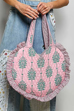 Load image into Gallery viewer, Pink &amp; Green Heart Shaped Ruffle Edge Quilted Tote Bag
