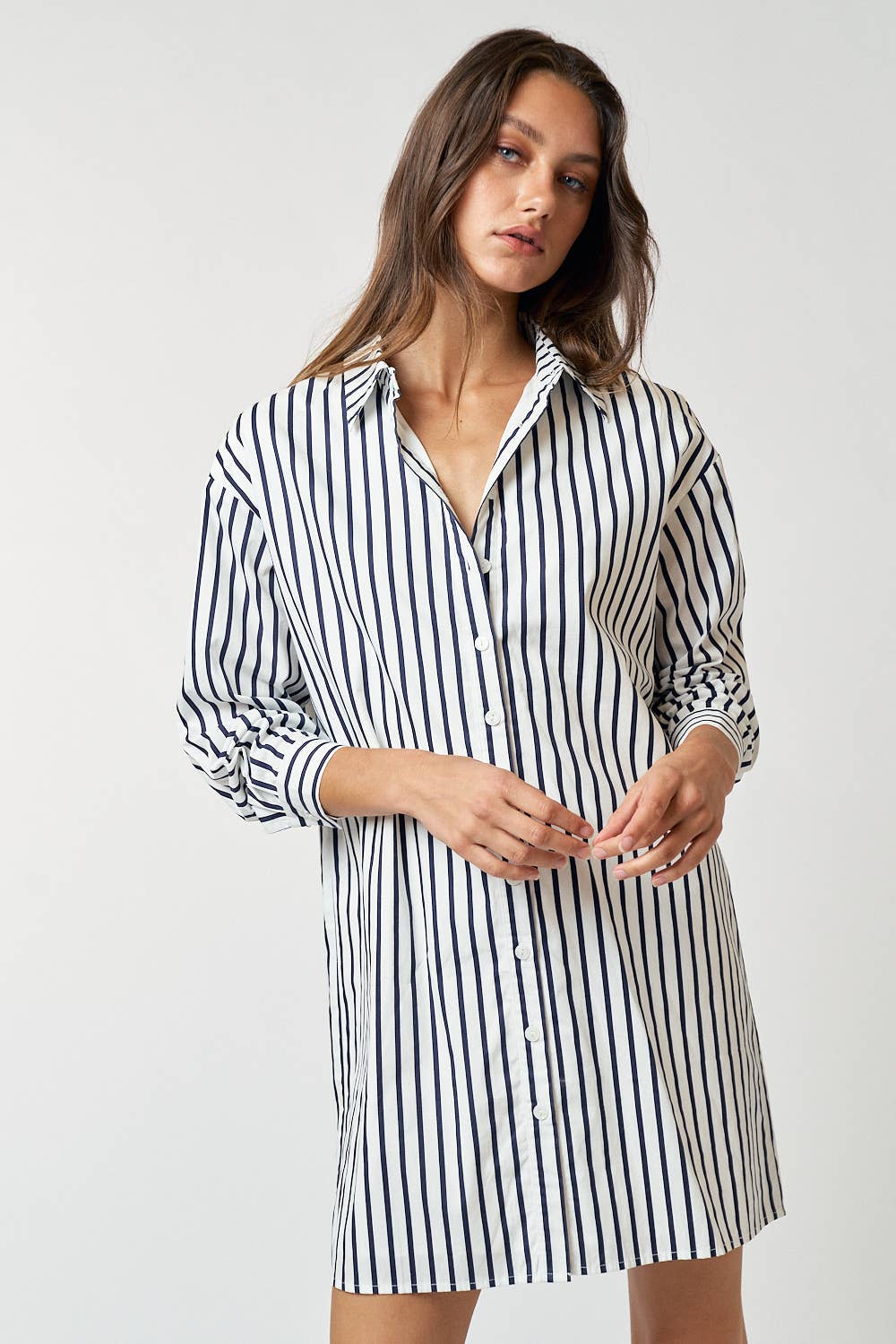 Navy Striped Collar Button Up Mini Dress