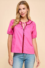 Load image into Gallery viewer, Pink Embroidery Trim Puff Sleeve
