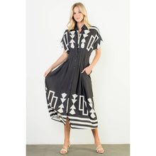 Load image into Gallery viewer, Black Button Down Geo Print Midi Dress
