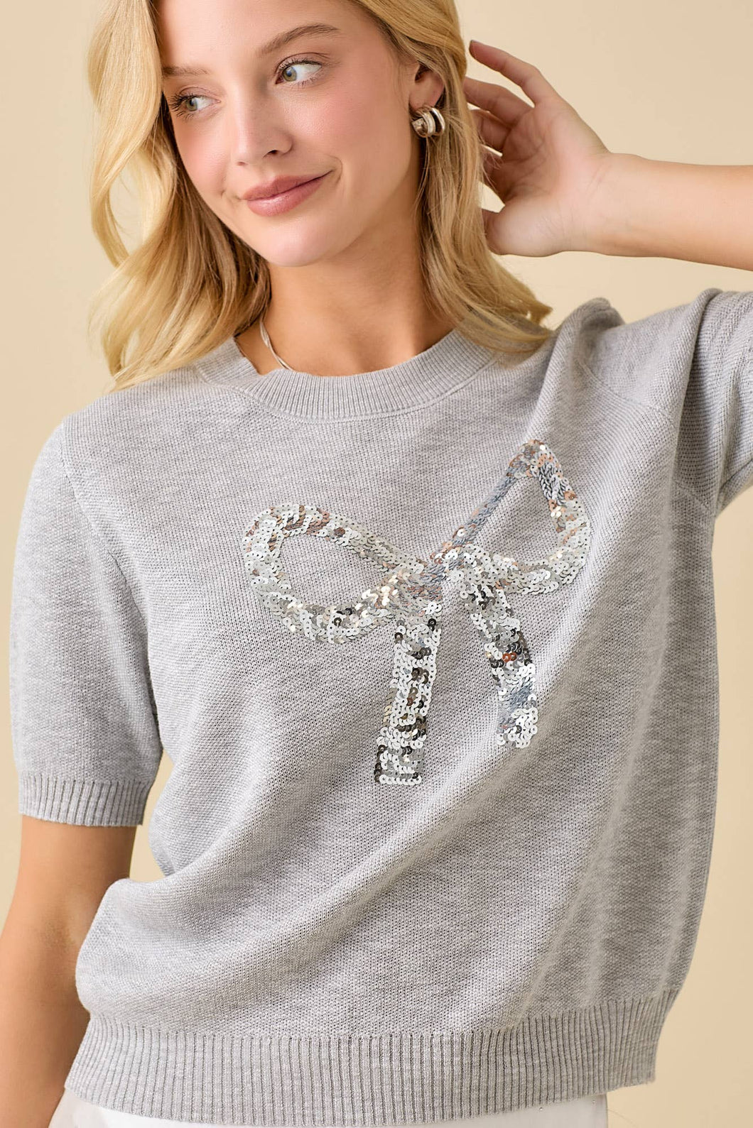 Sequin Bow Knit Top – Grey