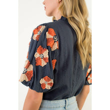 Load image into Gallery viewer, Embroidered Navy Flower Puff Sleeve Tassel Top
