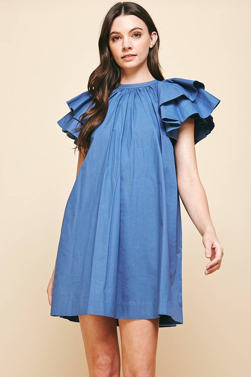 Ruffle Sleeve Mini Dress - Denim