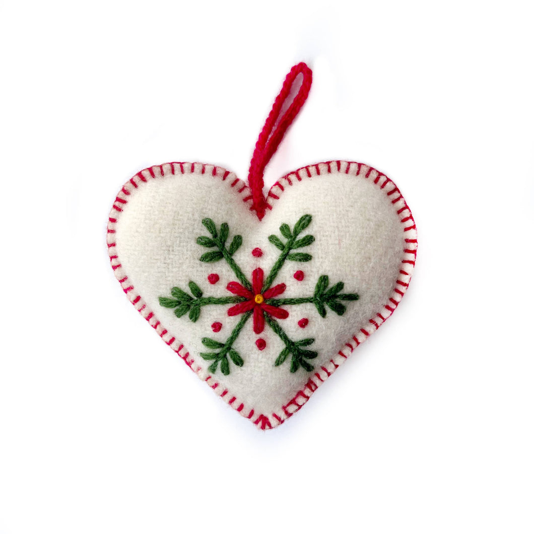 Heart Embroidered Wool Christmas Ornament: White