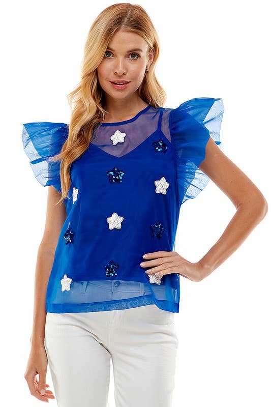 Cobalt Organza Top With Sequined Stars