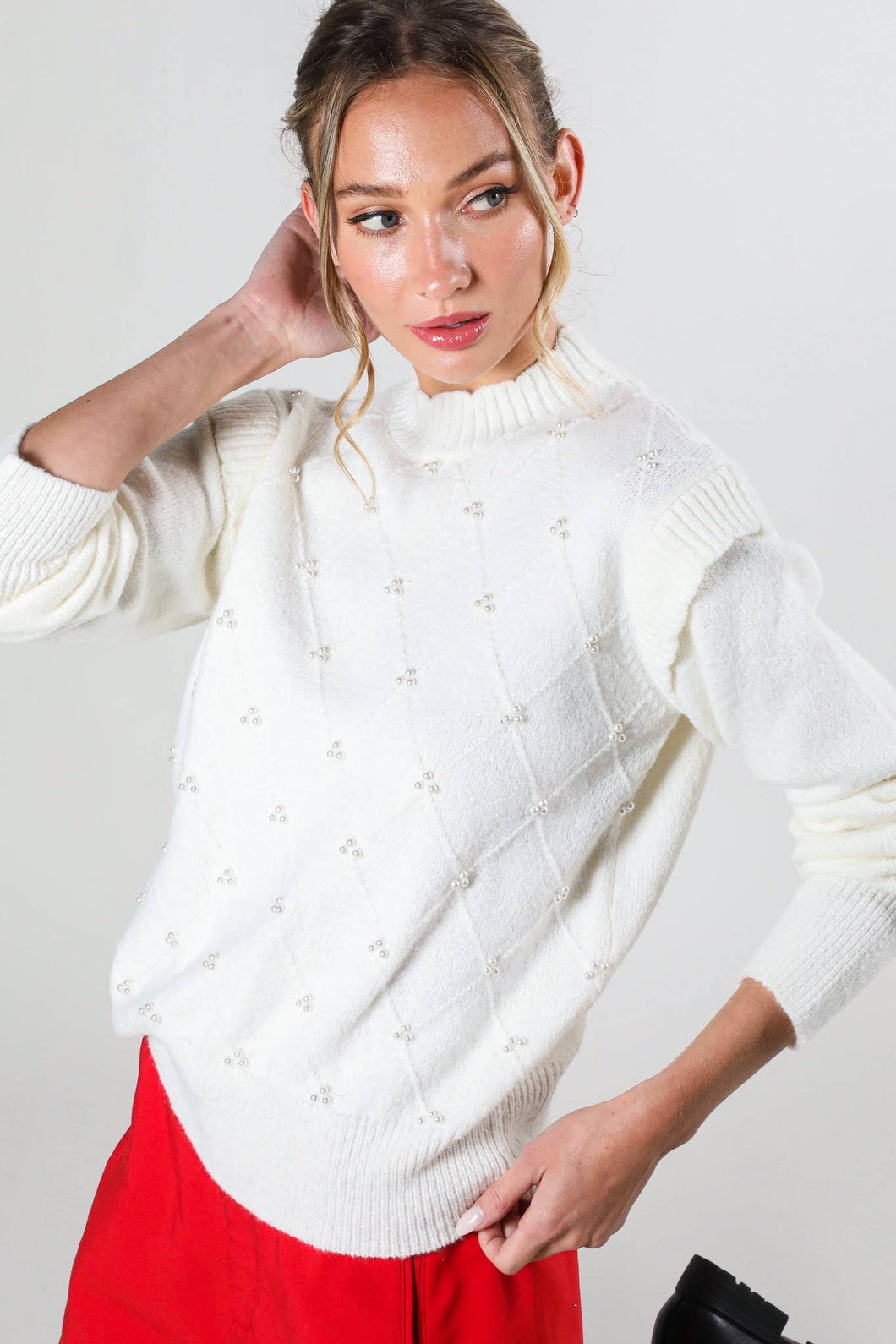 Long Sleeve Pearl Detail Off White Sweater