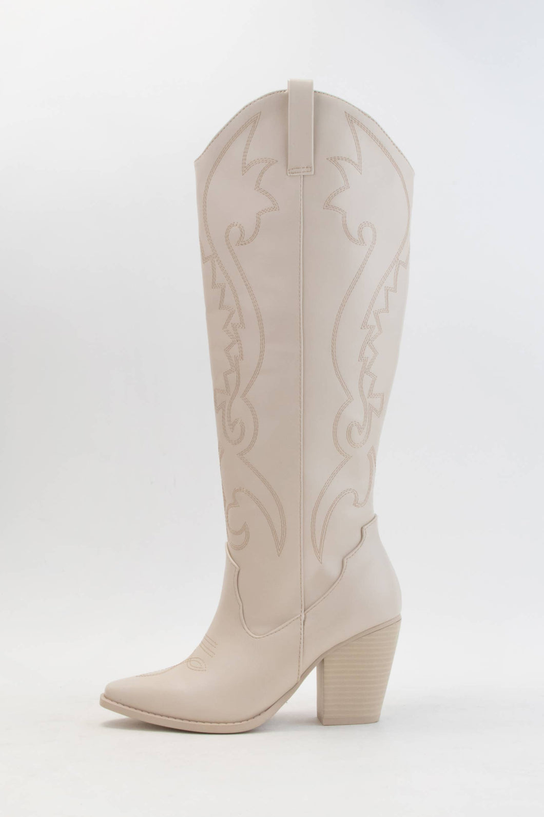 Embroidered Pointed Toe Tall Western Boots in Bone