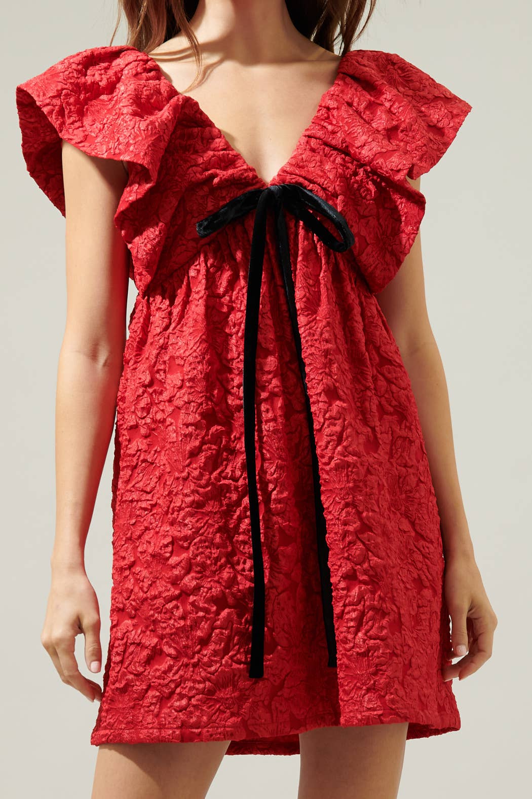 Arielle Jacquard Mini Babydoll Dress - Red