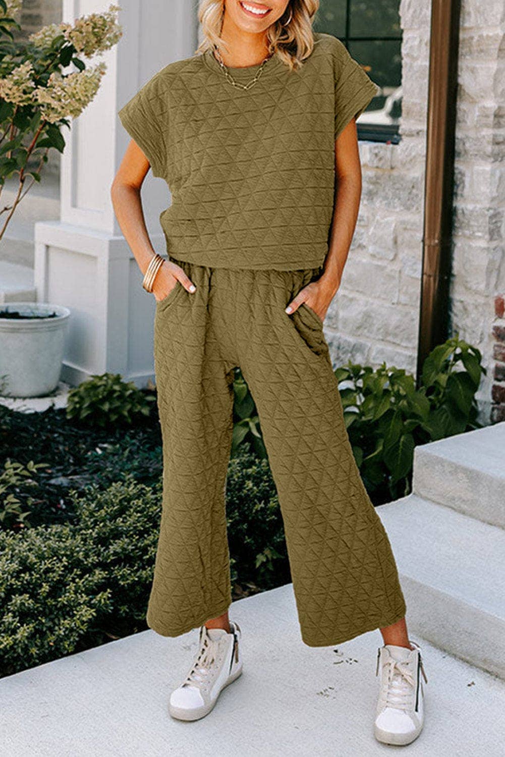 Emory Quilted Wide Leg Pants Set - Sage Green
